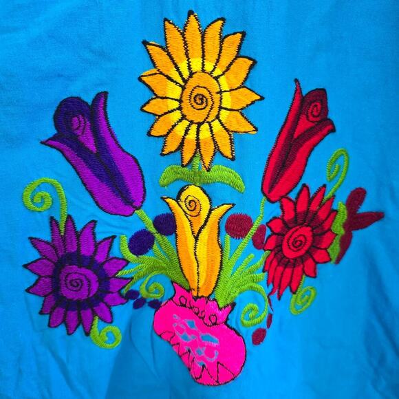 Maya Mexican Dress Embroidered Flowers Chiapas Puebla Bright Aqua Blue Large - Picture 3 of 8